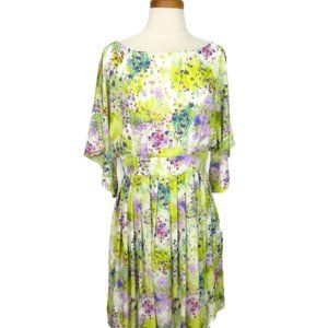 Eliza J Dress Size 8 Multi Color Floral Slit Sleeves Back Zipper Pleats Lined